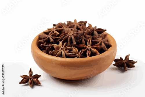 Anise stars in wooden bowl isolated on white background.