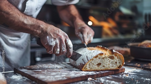 A baker slicing a loaf of freshly baked bread