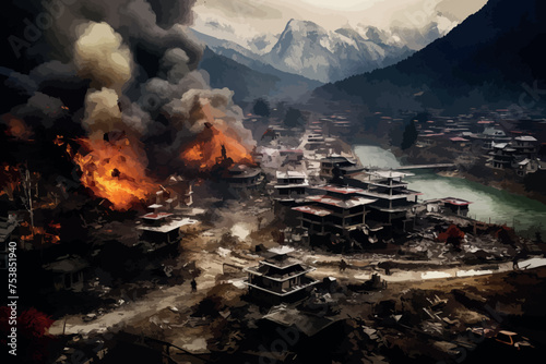 Abstract blurred background illustration. Desolate Remains Town. Uninhabited House Ablaze After War. Areas prone to danger from violence or civil war. photo