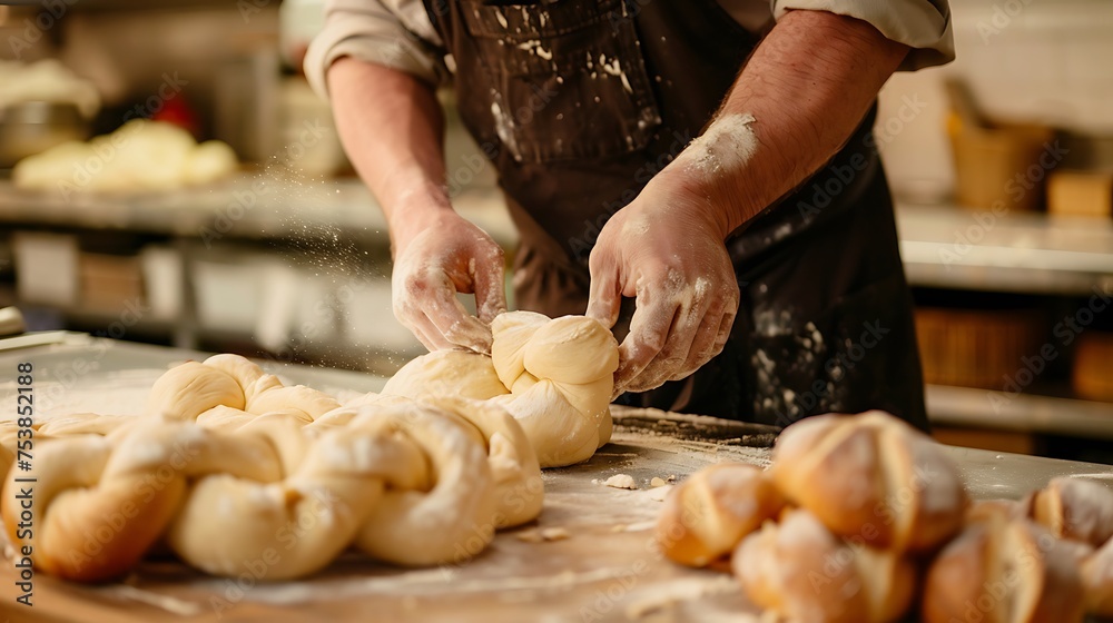 A baker shaping pretzel dough into knots