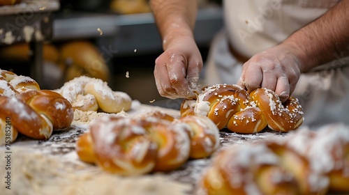 A baker shaping pretzel dough into knots