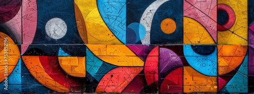 Colorful abstract graffiti on concrete  showcasing geometric shapes and faces.
