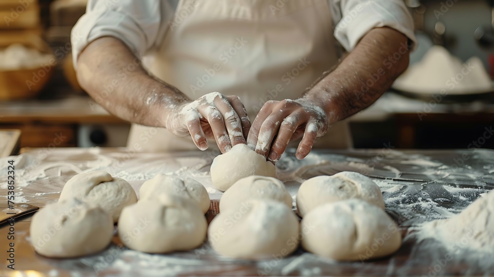 A baker shaping dough into perfect rolls