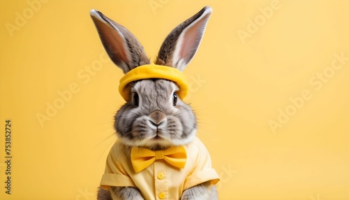 Cool bunny all dressed up with the yellow background and copy space, background for easter banner created with generative ai © cd