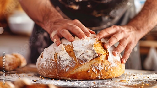 A baker scoring the top of a loaf of bread before baking