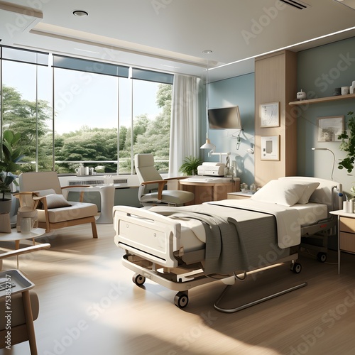 modern hospital room with an empty bed and chair