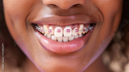 Closeup of woman teeth with braces
