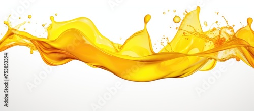 A vibrant yellow liquid is captured mid-splash, creating a dynamic and visually striking image against a clean white background. The liquid appears to be in motion, frozen in time as it disperses in
