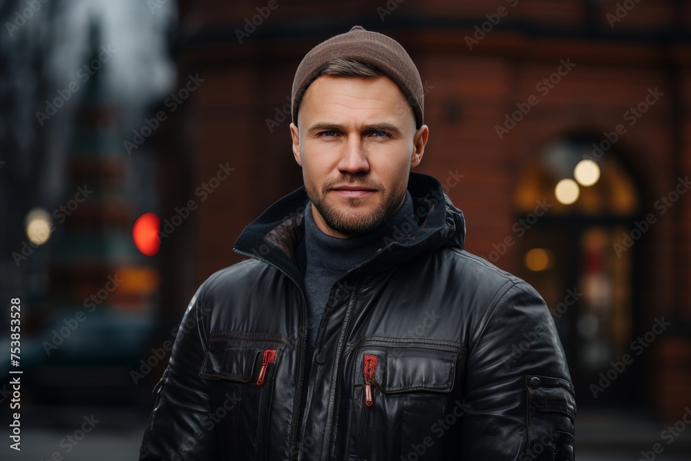 Young attractive guy in a warm jacket and hat against the background of city lights Young attractive guy in a warm jacket and hat against the background of city lights