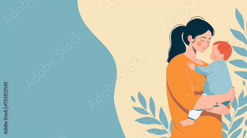 Happy beautiful mother holding her newborn baby on a blue background. Minimalistic banner design. Happy Mother s day concept. Copy space.