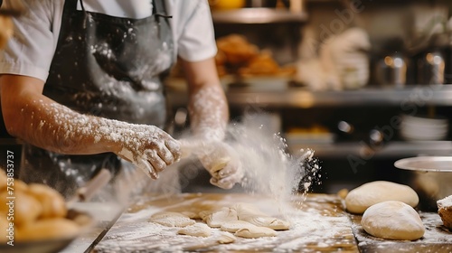 A baker dusting flour over a work surface for rolling out dough