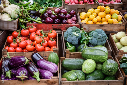 An assortment of fresh colorful vegetables and fruits neatly arranged in a wooden crate at a farmer s market  showcasing healthy produce