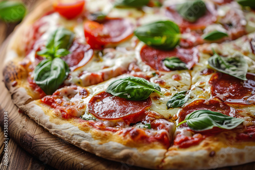 A close-up of a delicious homemade pizza with melted cheese, fresh tomatoes, basil leaves, and pepperoni slices, on a wooden table