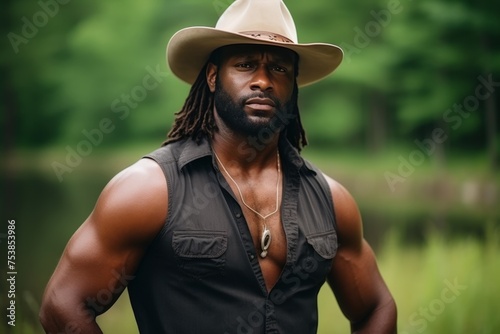 Muscular African American man in vest and cowboy hat looks at camera against background of greenery photo