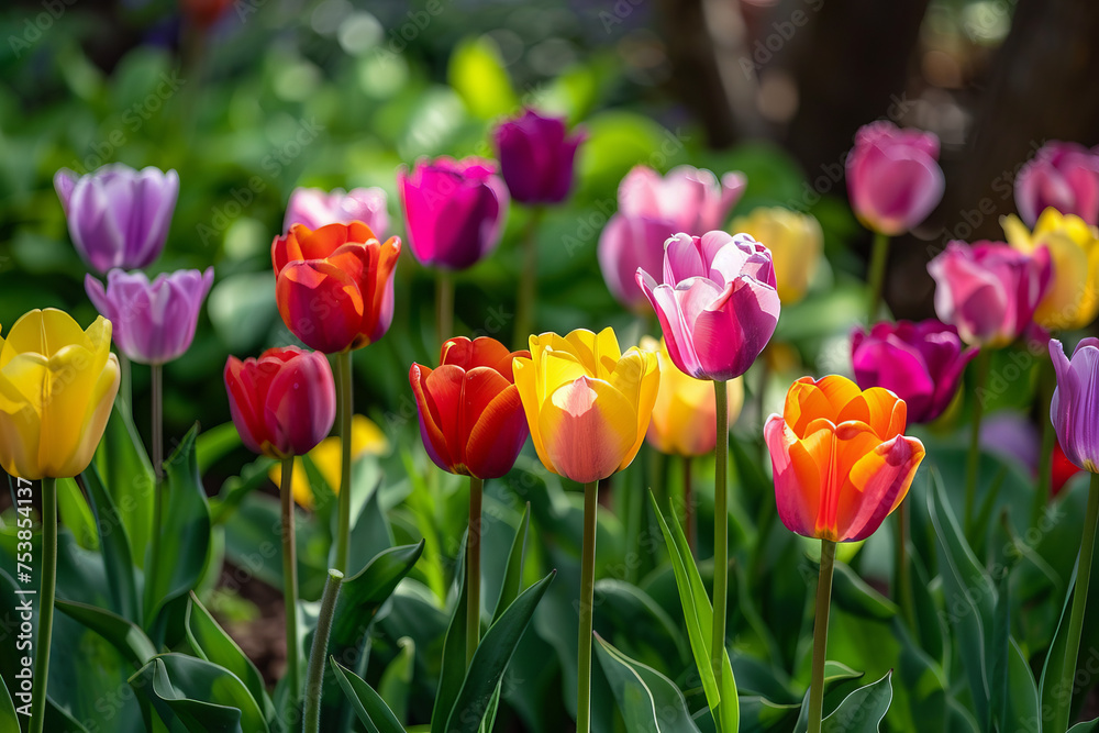 A collection of colorful tulip flowers in full bloom in a garden, showcasing vibrant petals and green leaves under the sunlight