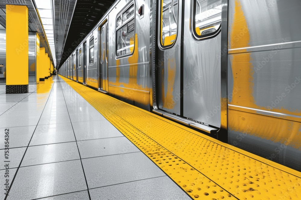A photo of a subway train door opening at the station with its silver exterior and yellow platform line visible Generative AI