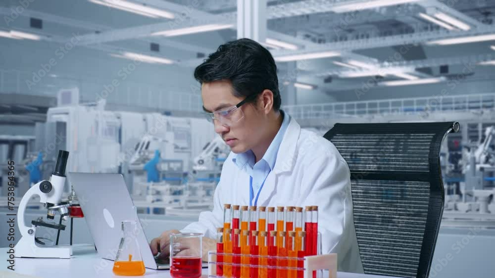 Close Up Side View Of Asian Man Scientist Typing On A Laptop While Working On The Table With Microscope And Test Tube In The Laboratory. Working In The Lab Analyzing His Findings Samples Test Tube