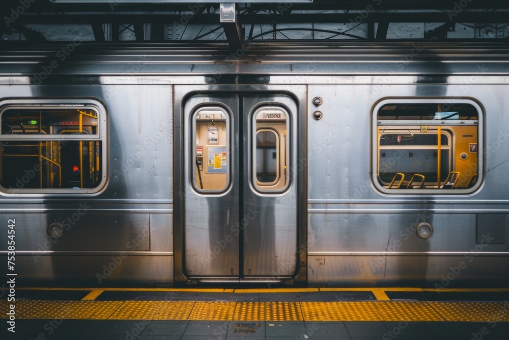 Photo of an open door on the side of a subway train at a New York City station Generative AI