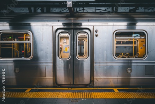 Photo of an open door on the side of a subway train at a New York City station Generative AI photo