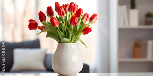 Red tulip flowers in a vase on table, living room interior design with grey sofa in background