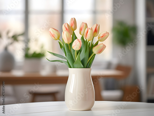 Colorful tulip flowers in a vase on table, cozy living room interior design in background
