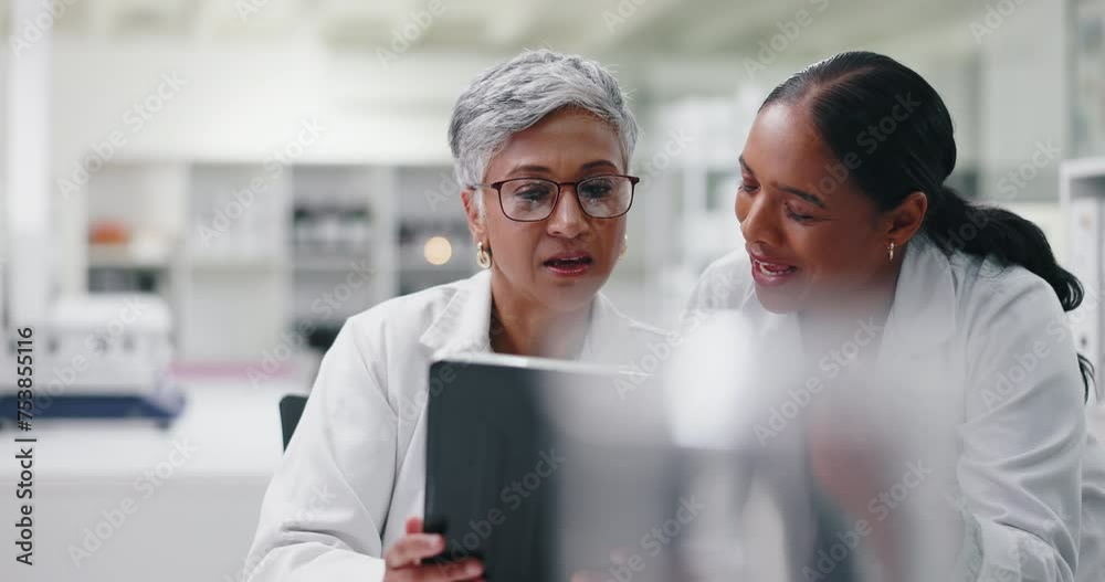 Laboratory, research and team of women with tablet for medical science, results or online review. Digital app, advice and scientist with lab technician in consultation on pharmaceutical study website