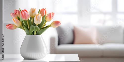 Pink tulip flowers in a vase on table,  modern grey living room interior design in background © TatjanaMeininger