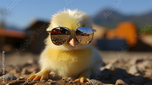 yellow chick wearing silly sunglasses. cute chick
