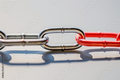 A symbolic image showing a sturdy chain made of paper clips, with one link being a vibrant red paper clip, set against a stark, white background.
