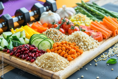 Fitness and Nutrition - Colorful Vegetables and Grains with Gym Equipment