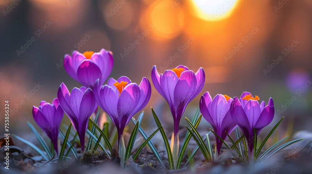 Group of blooming purple crocus delicate flowers against a background of green grass blurred. Gentle sunlight. dew drops on flowers.  - obrazy, fototapety, plakaty 