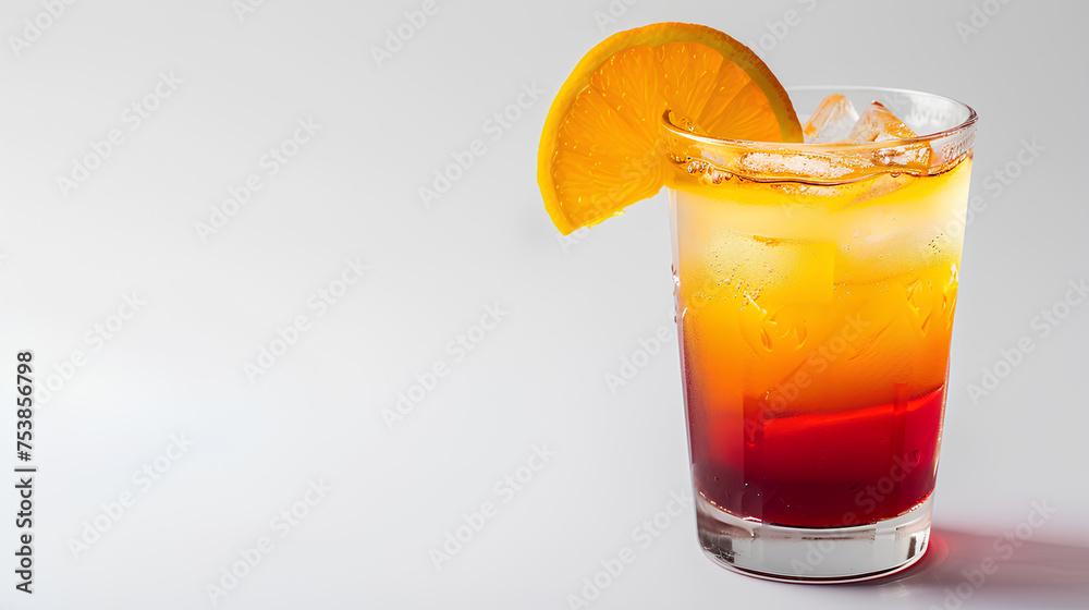 Summer fresh alcohol cocktail with red and yellow liquid isolated on a gray background