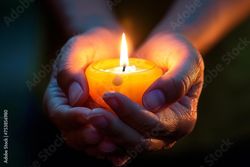 Burning candle held gently Symbolizing hope and tranquility