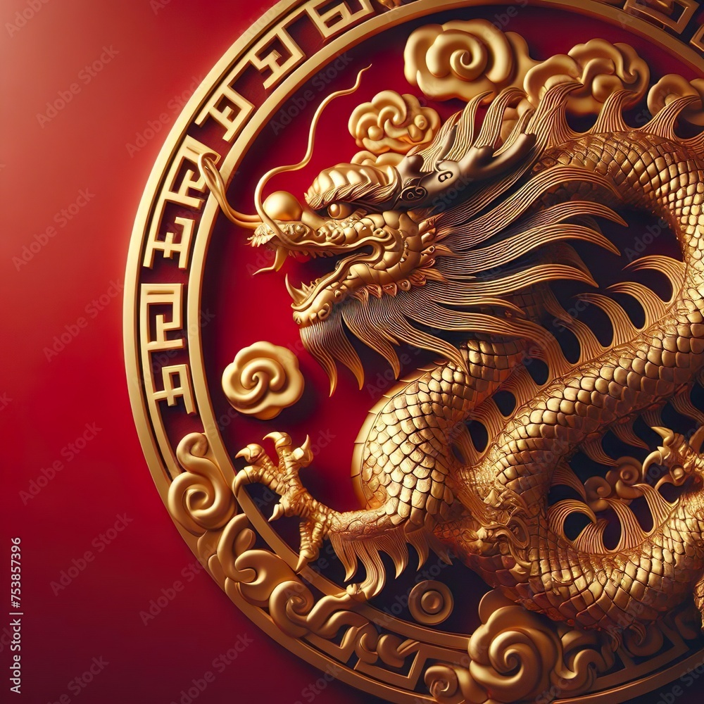 golden Chinese dragon on red color background,