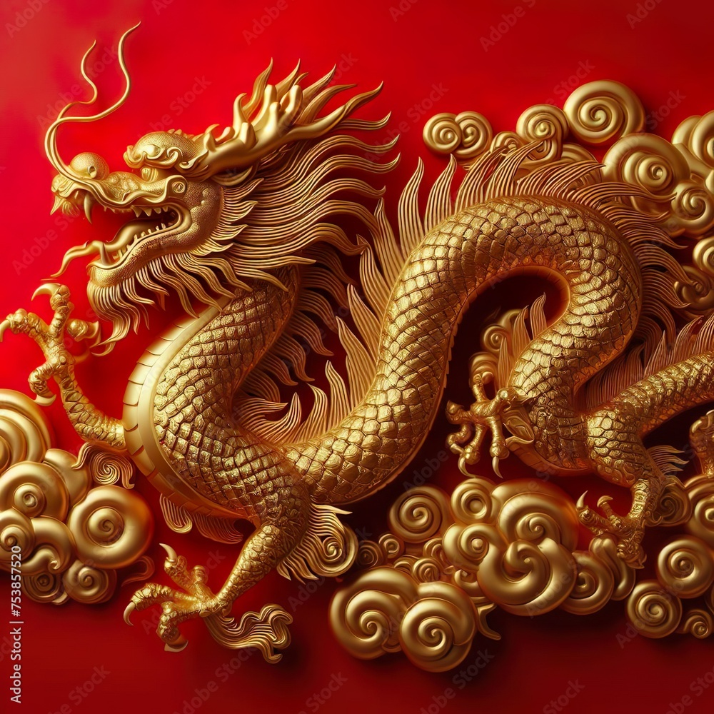 golden Chinese dragon on red color background,