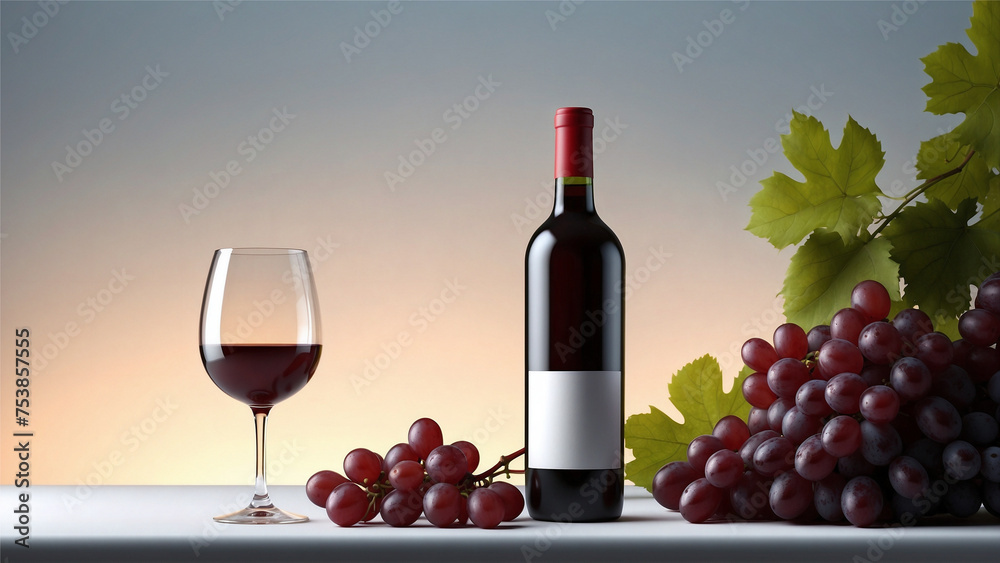 Obraz premium Bunch of grapes, full glass and bottle of wine over a sunset background. Wine creation process, winery advertisements, brand image.