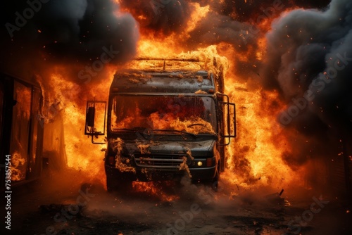 Massive explosion of freight fuel truck with flames and billowing smoke rising into the sky.