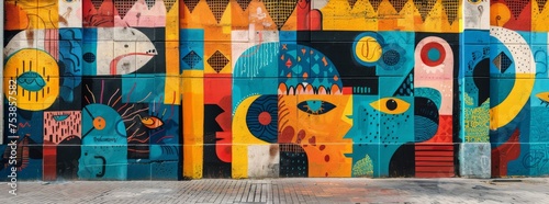 Whimsical and colorful street art mural featuring abstract facial elements and playful designs on a building.