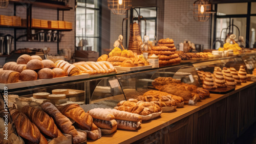 A bakery with a variety of breads and pastries for sale in a retail setting