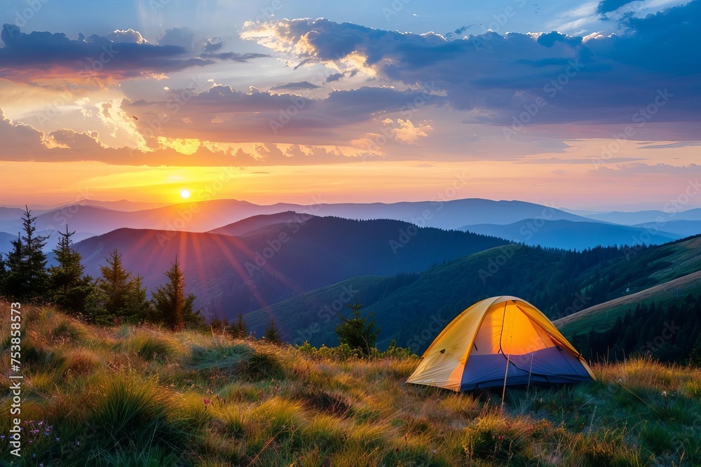 Mountain camping adventure Tent overlooking a majestic sunset Wilderness solitude Outdoor exploration
