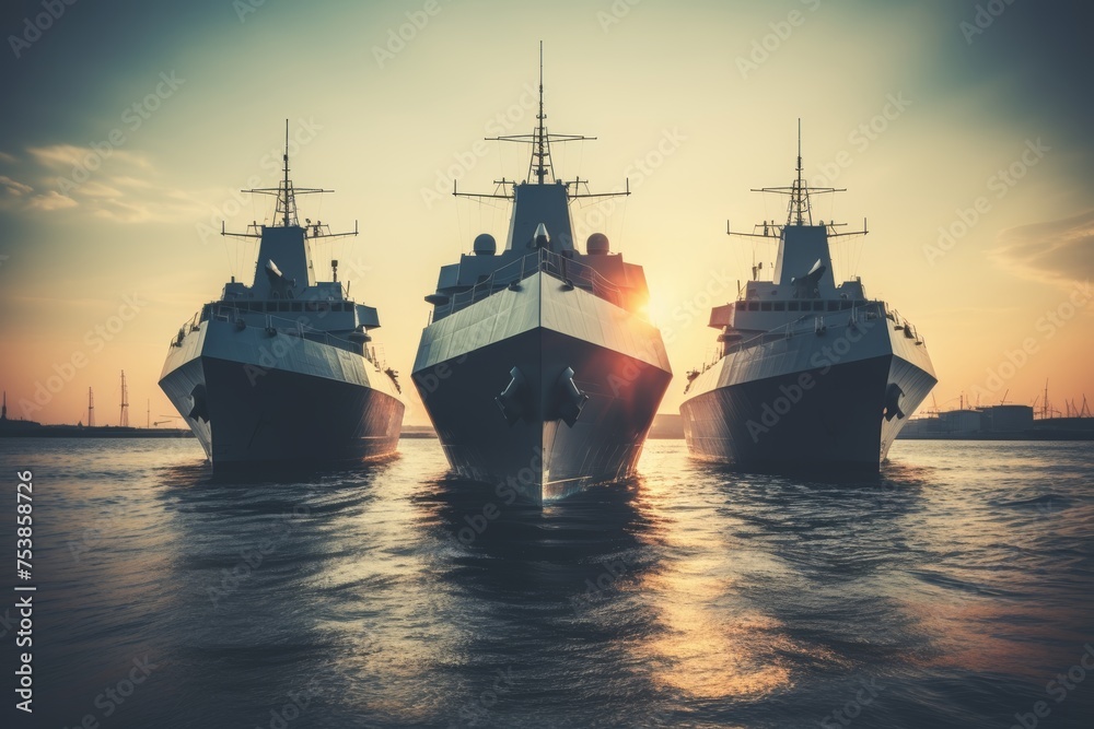 Fototapeta premium Modern military naval warships conducting tactical exercises in the vast open sea