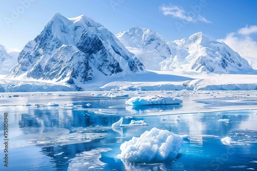 Pristine arctic landscape Icebergs and snowy peaks Serene natural beauty Untouched wilderness