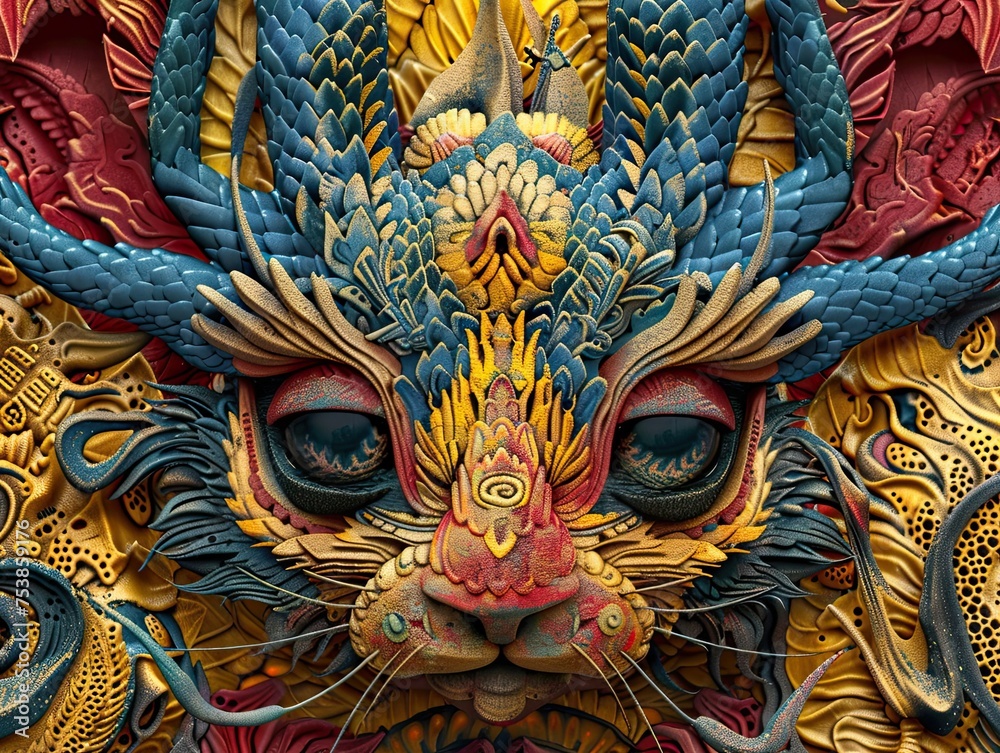 A vividly colored, intricate dragon sculpture with a detailed design