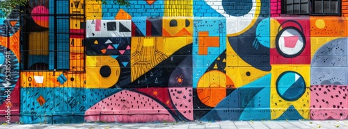 Expansive and colorful street art mural on a city wall  showcasing a rich tapestry of abstract shapes and vivid hues  embodying the dynamic street culture.