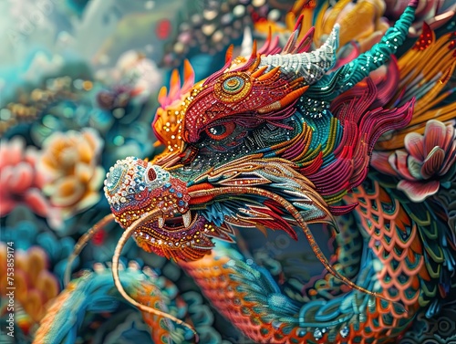 A vibrant, detailed illustration of a mythical dragon