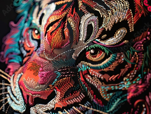 Embroidered colorful pattern of a tiger face on a dark background © StasySin