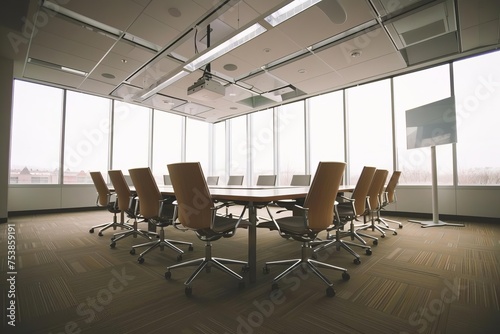 Sleek Modern conference room with panoramic windows Ideal for virtual meetings and creative brainstorming © Jelena