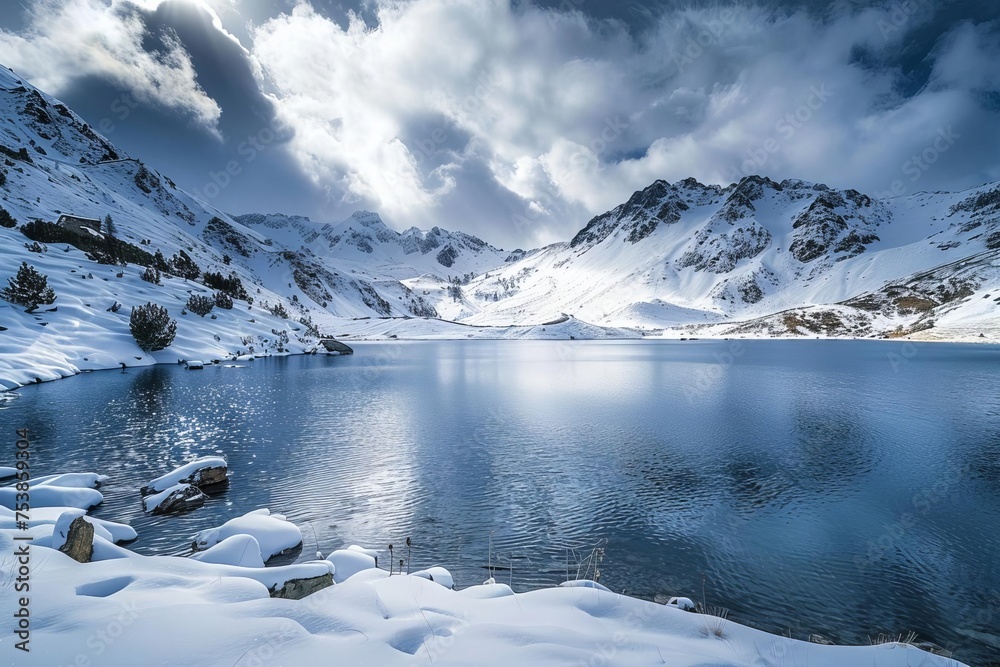 Snowy mountain range landscape featuring a pristine lake in the foreground Surrounded by snow-covered peaks under a cloudy sky Offering a breathtaking view of natural winter beauty