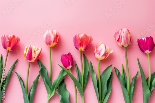 Spring tulip flowers arranged on a pink background in a flat lay style Offering a bright and cheerful visual to celebrate women's day Mother's day Or to herald the arrival of spring