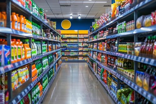 Supermarket scene capturing the vast assortment of products available in the brightly lit aisles Highlighting the convenience and diversity of shopping experiences in modern retail environments. photo